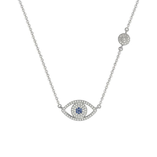 Rhodium plated pavé evil eye necklace with blue zirconia accents
