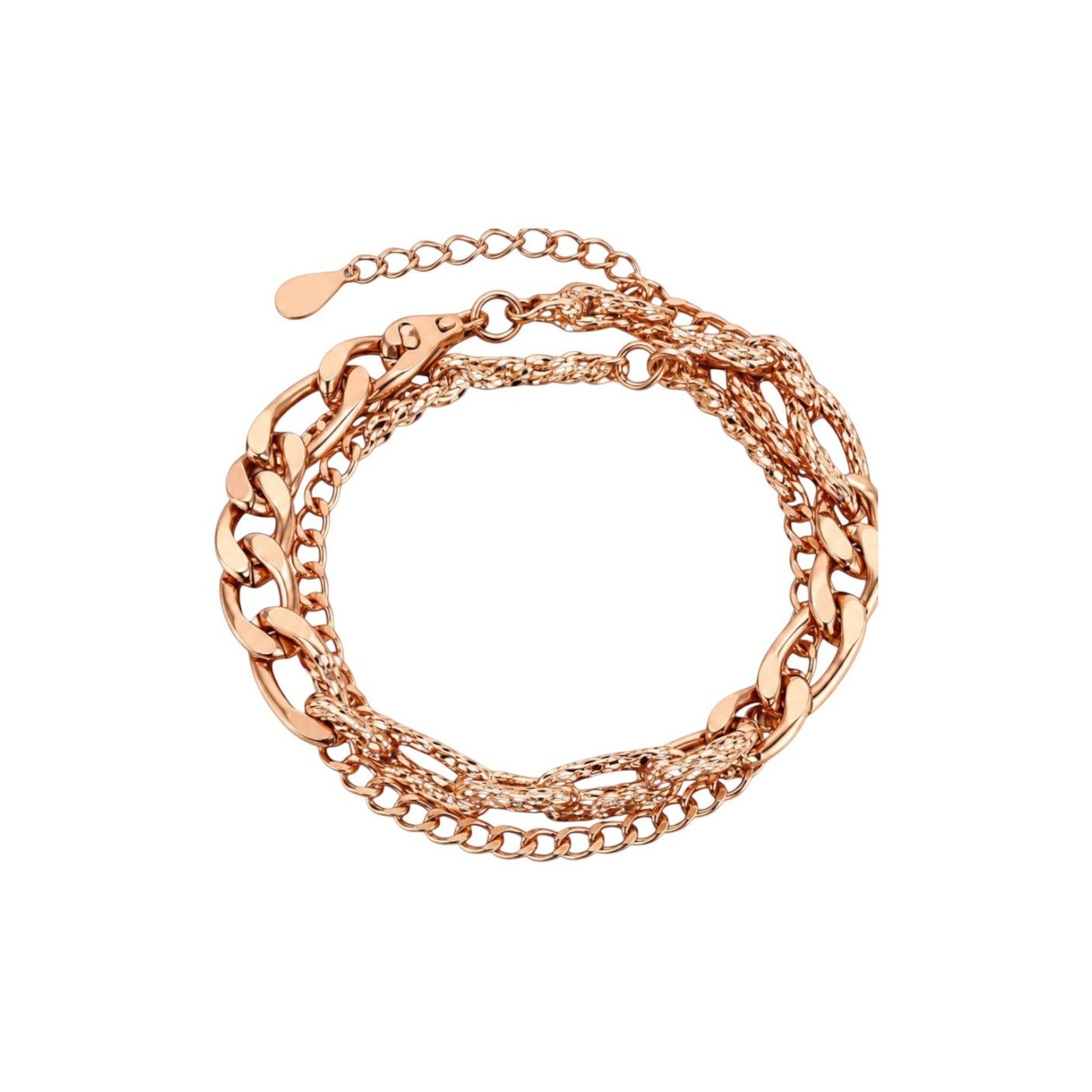 Rose Gold Multi-Chain Bracelet featuring multiple chain styles in a layered design with an adjustable clasp.