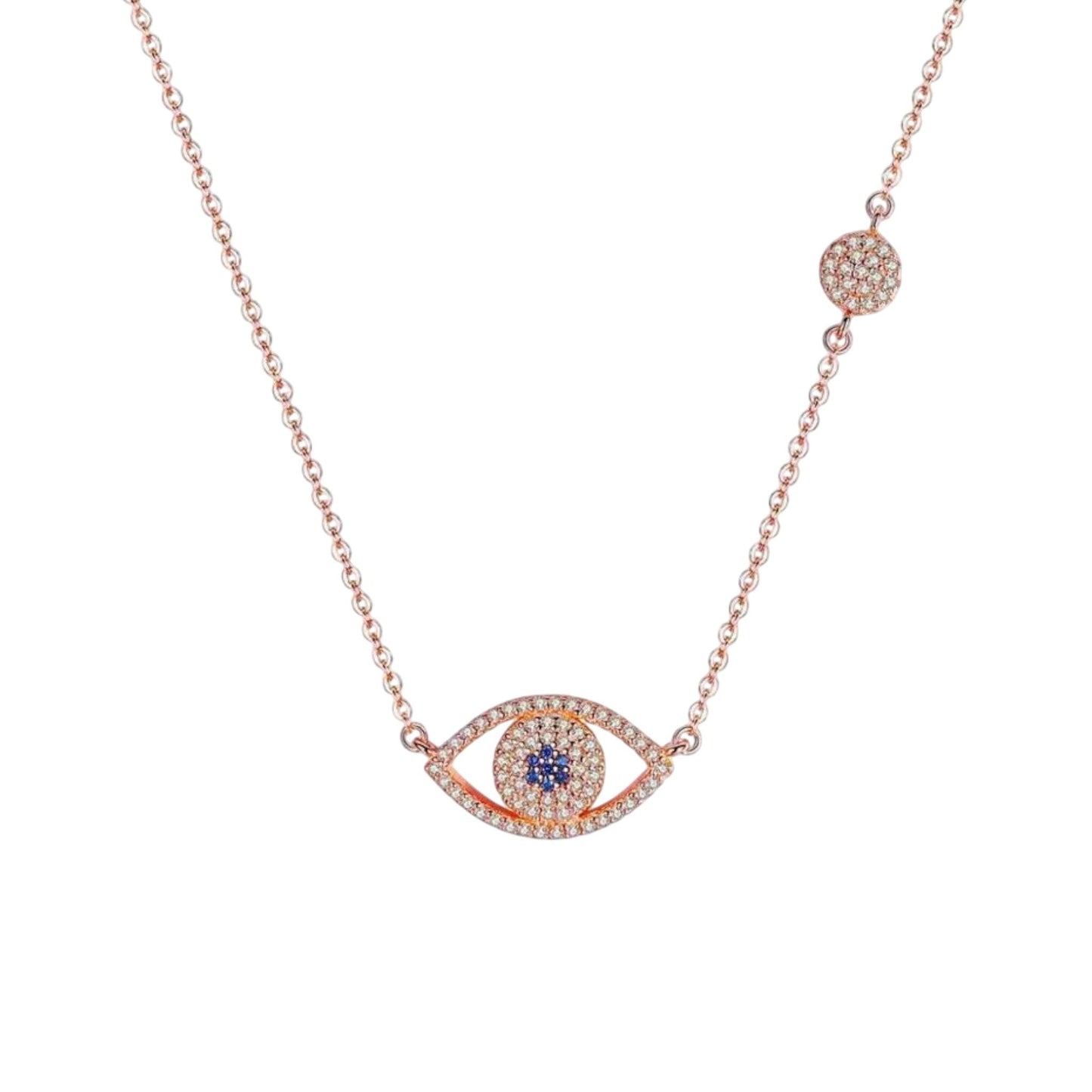 Rose gold plated pavé evil eye necklace with blue zirconia accents