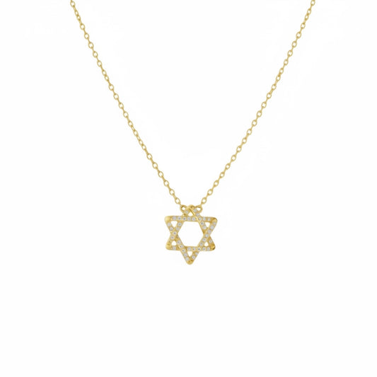 Rounded pavé Magen David necklace with zirconia stones in gold plated 925 sterling silver (40cm + 5cm extender)