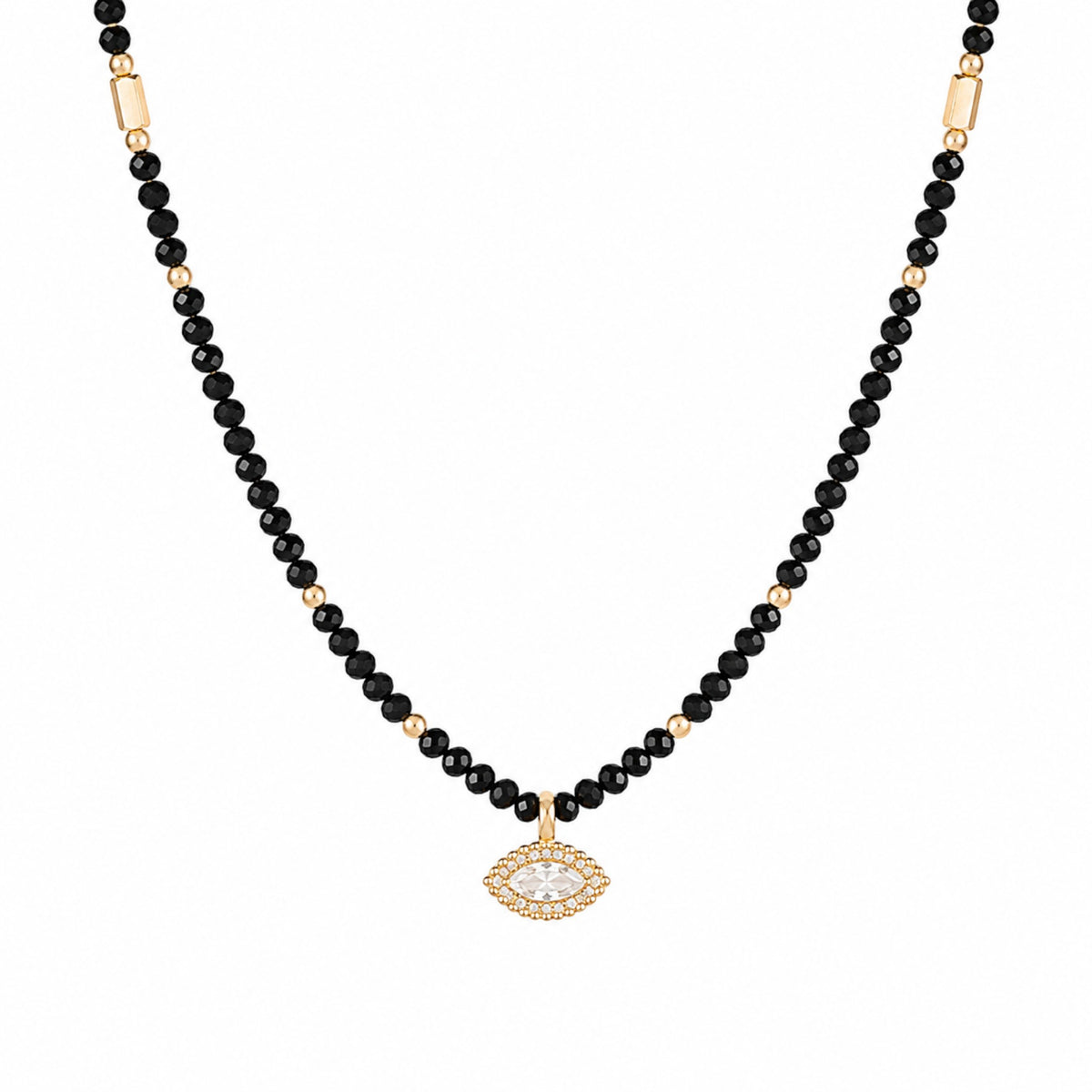 Scandal Kiss black beaded evil eye necklace with faceted beads and gold-toned accents on a white background