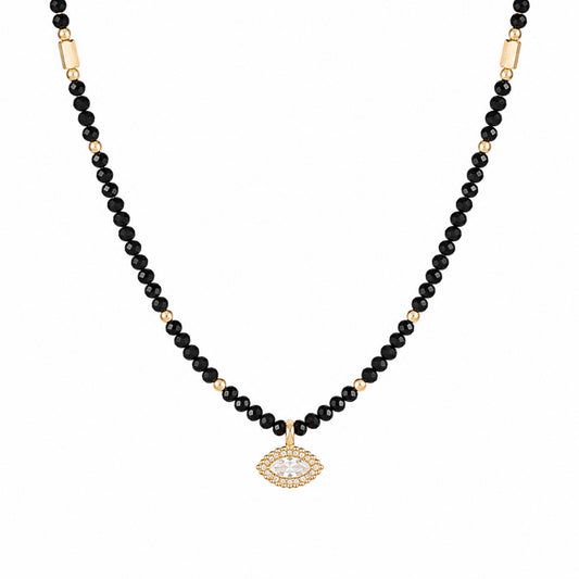 Scandal Kiss black beaded evil eye necklace with faceted beads and gold-toned accents on a white background