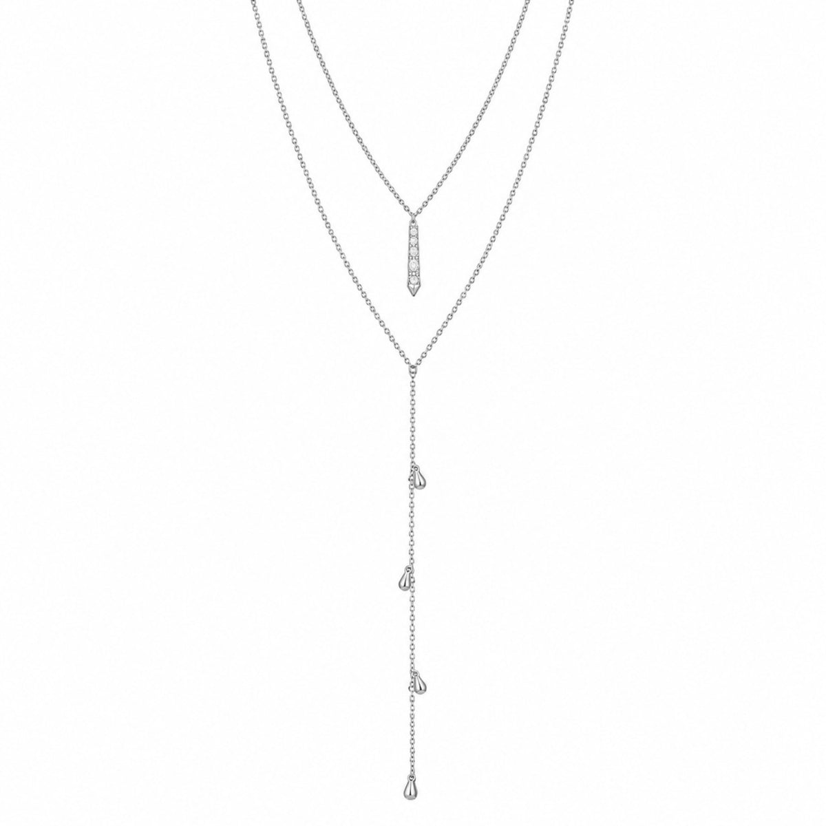 Scandal Kiss cascading drop Y necklace in white gold plated 925 sterling silver with delicate shimmering charms