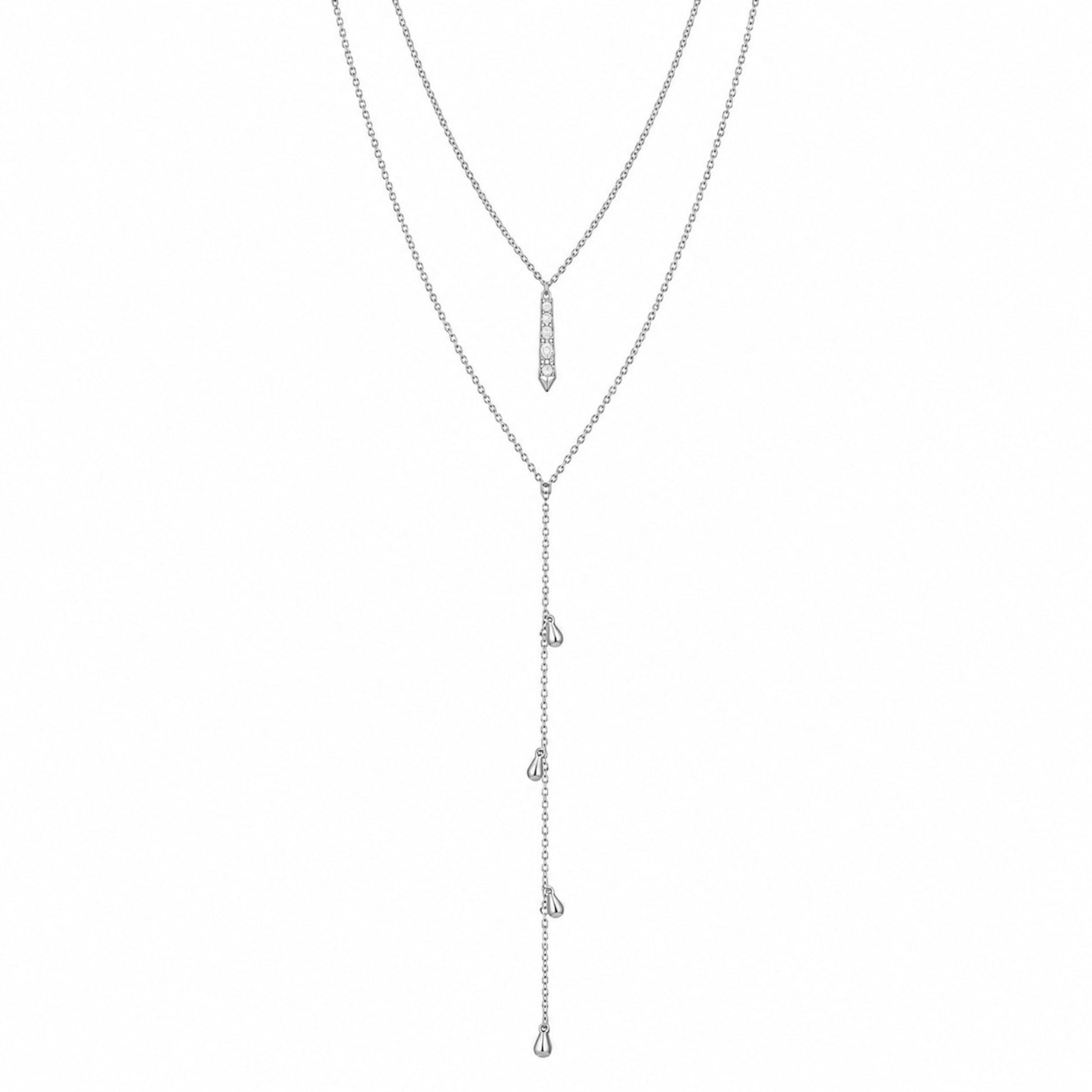 Scandal Kiss cascading drop Y necklace in white gold plated 925 sterling silver with delicate shimmering charms