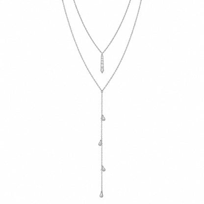 Scandal Kiss cascading drop Y necklace in white gold plated 925 sterling silver with delicate shimmering charms