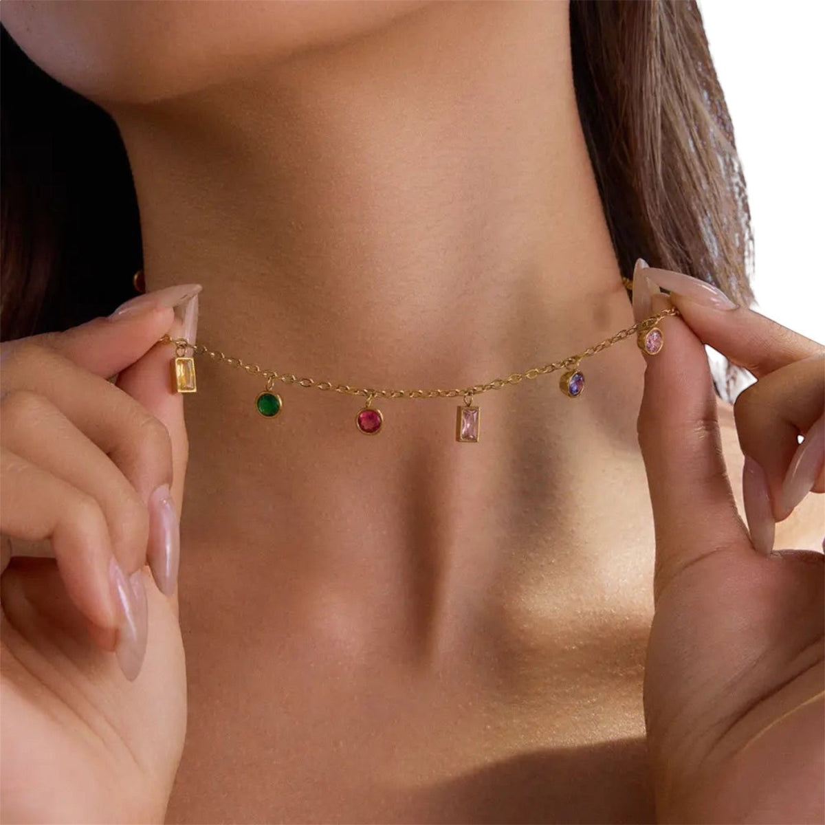 Scandal Kiss gold plated stainless steel necklace featuring a delicate chain with vibrant multi-shaped colourful stones