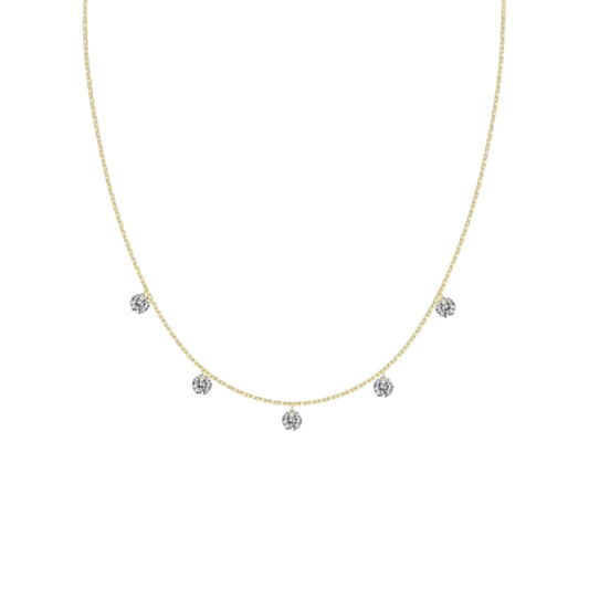 Scandal Kiss gold plated sterling silver necklace featuring five delicate zirconia stones on a fine chain