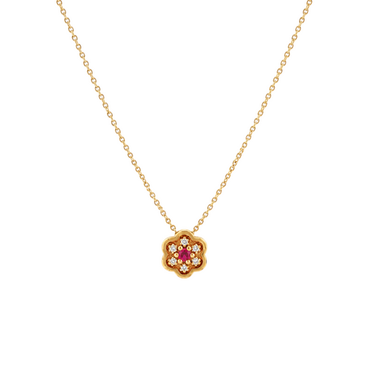 Floral Necklace in 925 Sterling Silver with 9ct Gold plating featuring a delicate floral design with red and clear zirconia