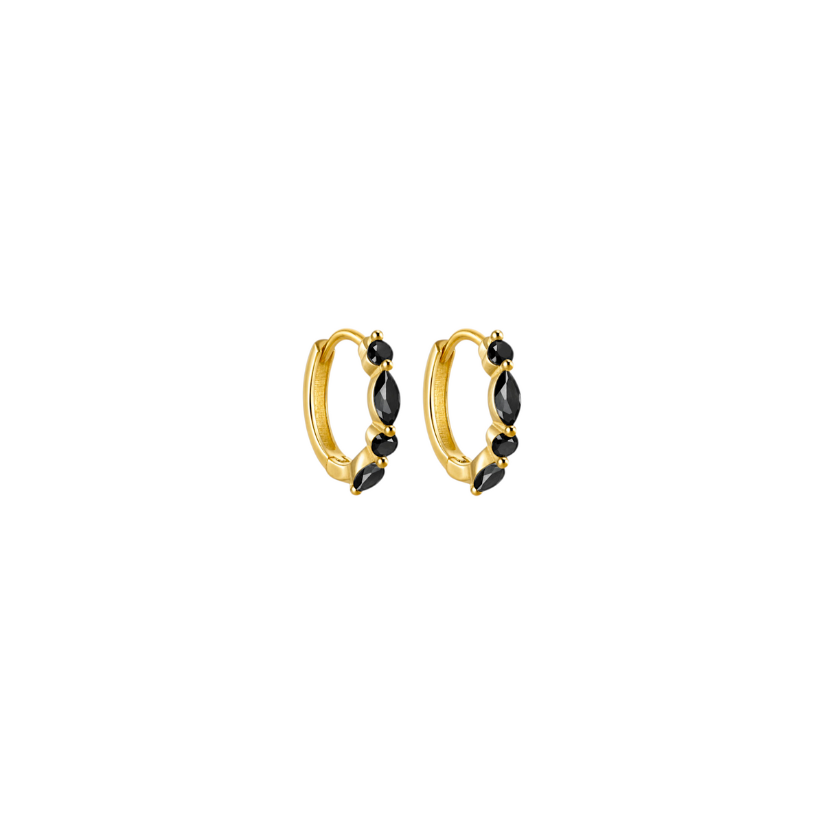 Scandal Kiss gold hoop huggie earrings featuring alternating round and marquise-cut black stones
