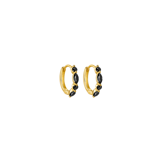 Scandal Kiss gold hoop huggie earrings featuring alternating round and marquise-cut black stones