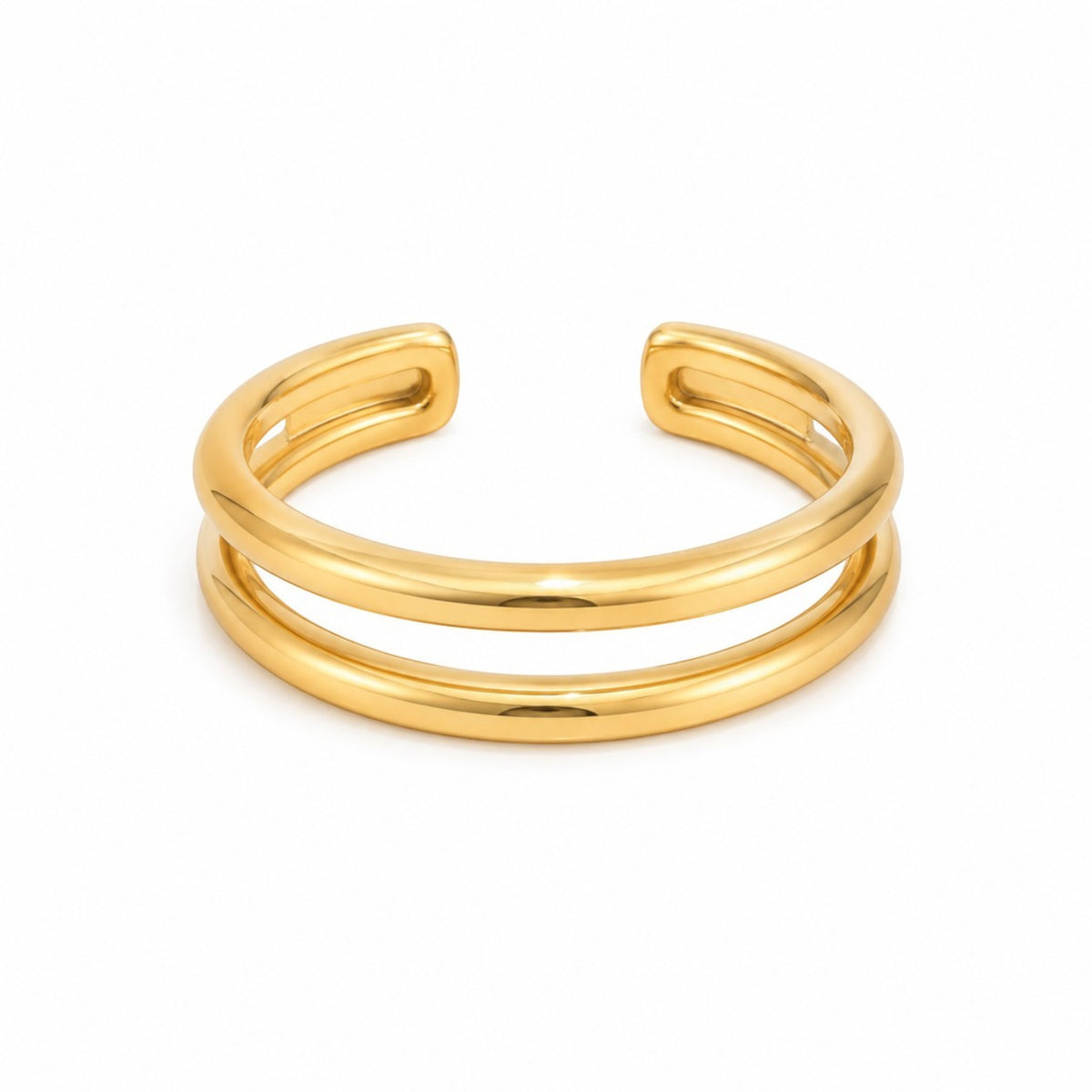 Scandal Kiss gold double band bangle in polished 18ct gold plated stainless steel with a sleek open design.