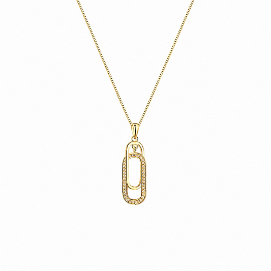 Scandal Kiss gold-plated sterling silver double link necklace featuring a polished inner link and zirconia pavé frame.