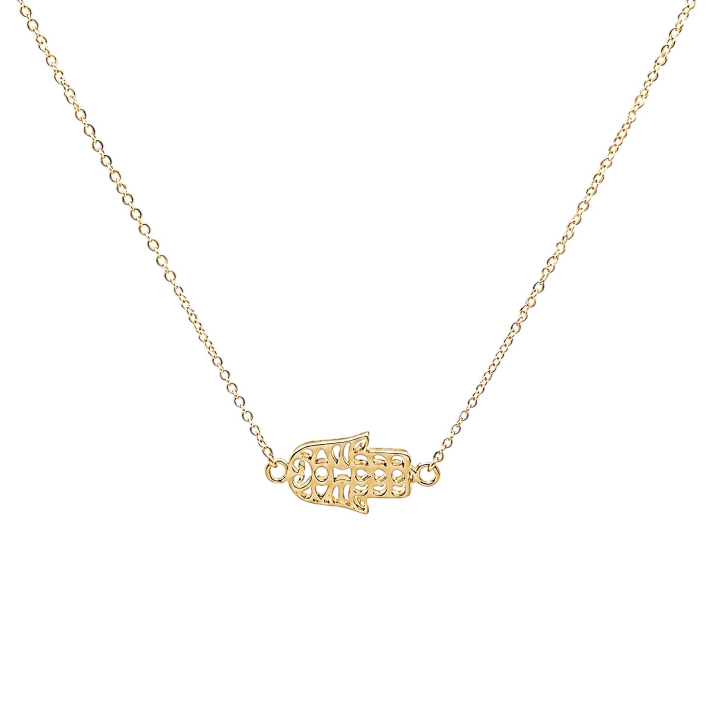 Scandal Kiss gold plated 925 sterling silver Hamsa pendant necklace with a delicate openwork design on a fine chain.