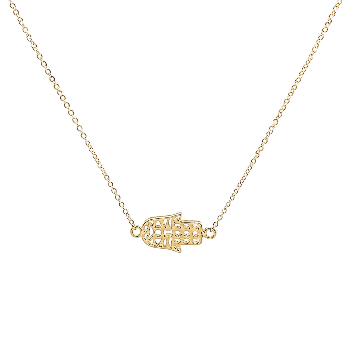 Scandal Kiss gold plated 925 sterling silver Hamsa pendant necklace with a delicate openwork design on a fine chain.