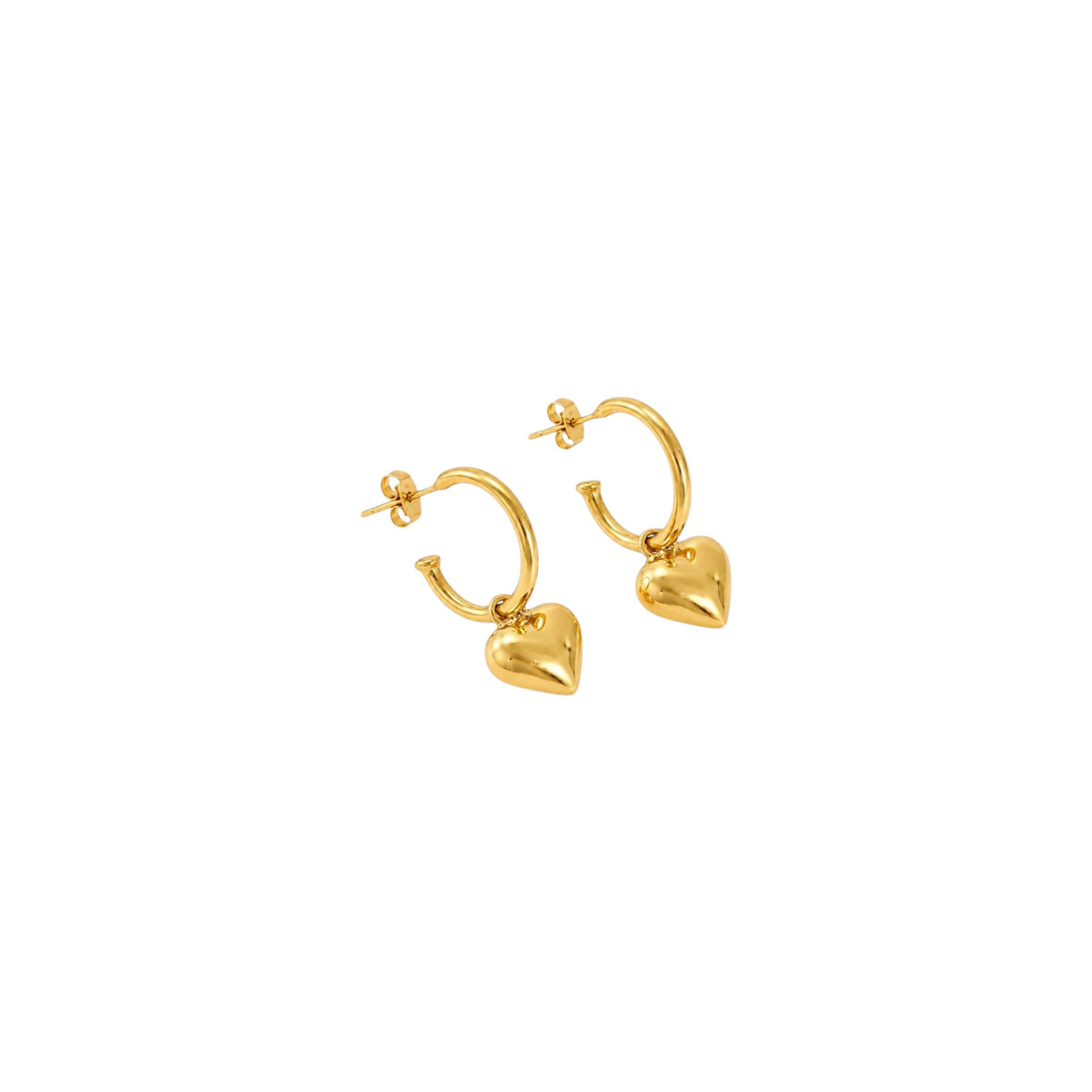 Scandal Kiss gold plated sterling silver hoop earrings featuring polished puffed heart charms on a white background.