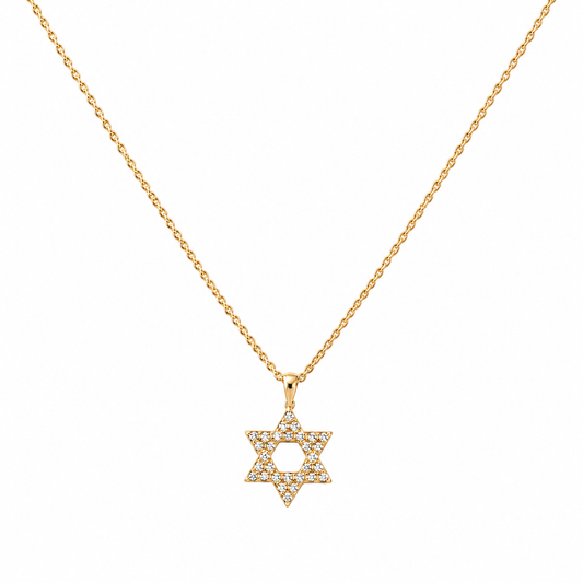 Scandal Kiss gold plated sterling silver Magen David necklace featuring a delicate chain and zirconia stones.
