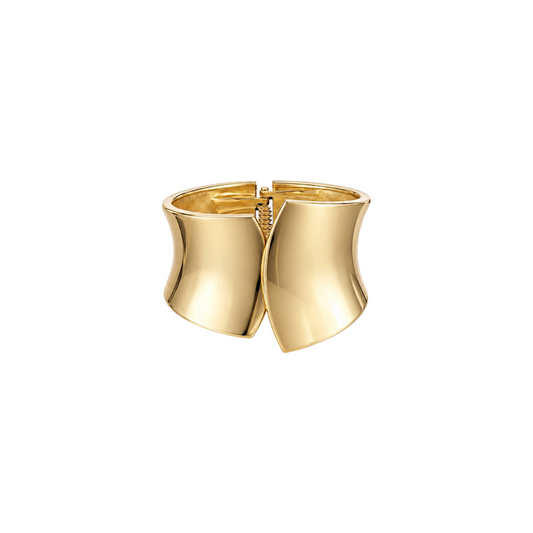 Scandal Kiss gold sculpted cuff bracelet with wide, polished curved panels and a hinged design.