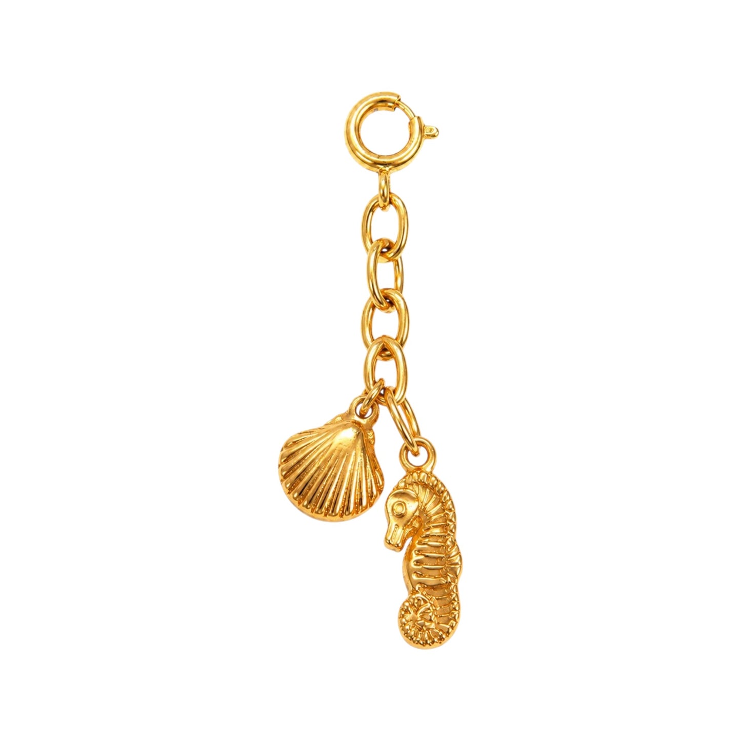 Scandal Kiss gold-plated stainless steel bikini charm featuring a dangling seashell and seahorse on a link chain.