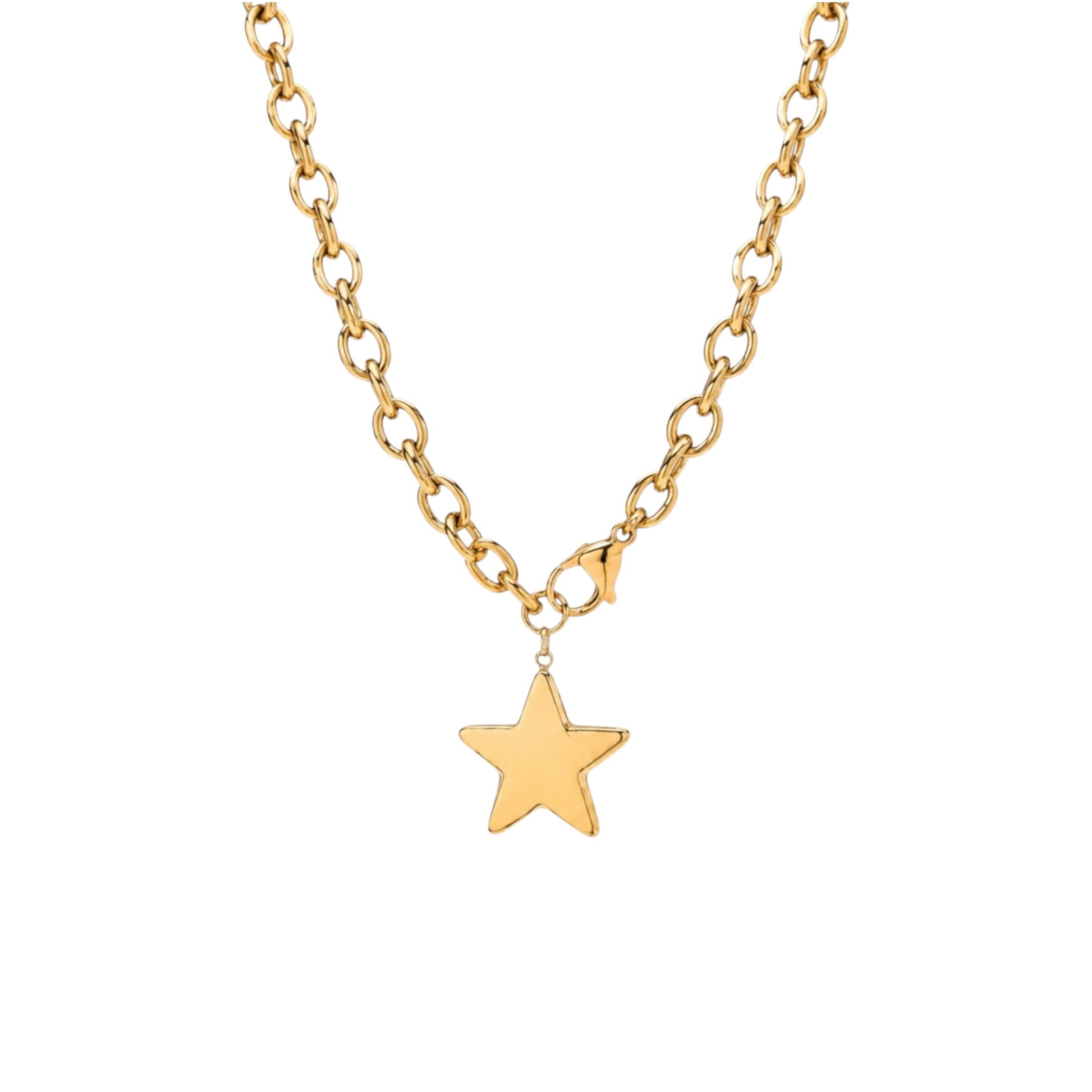 Scandal Kiss gold-toned stainless steel necklace featuring a polished star charm pendant on a bold link chain.