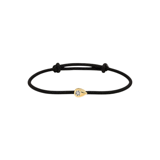 Scandal Kiss gold teardrop charm bracelet on a black adjustable cord with a sparkling zirconia stone accent.