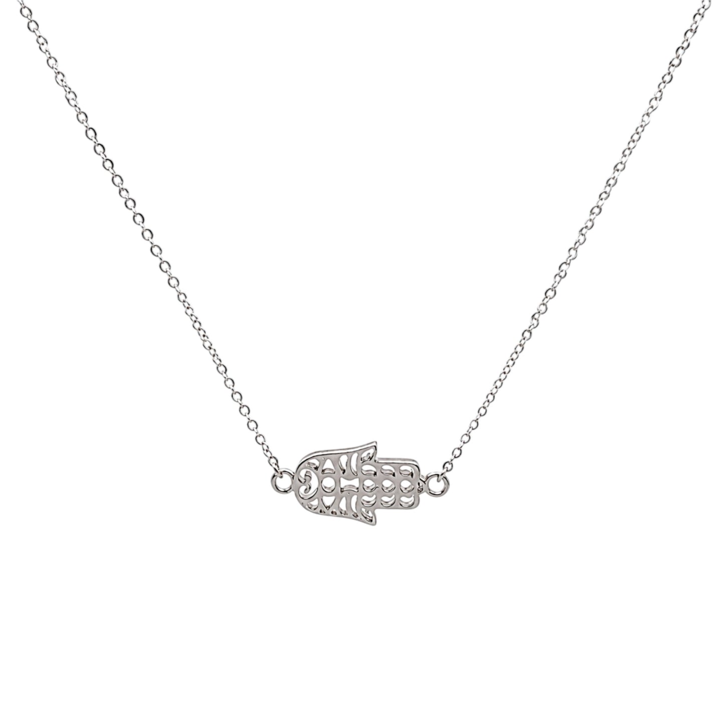 Scandal Kiss white gold plated 925 sterling silver Hamsa pendant necklace with a delicate openwork design.