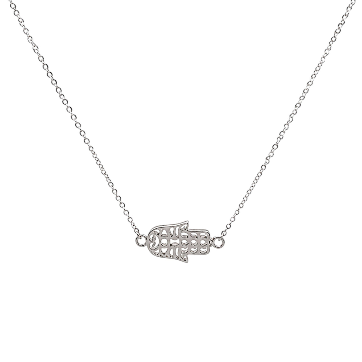 Scandal Kiss white gold plated 925 sterling silver Hamsa pendant necklace with a delicate openwork design.