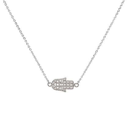 Scandal Kiss white gold plated 925 sterling silver Hamsa pendant necklace with a delicate openwork design.