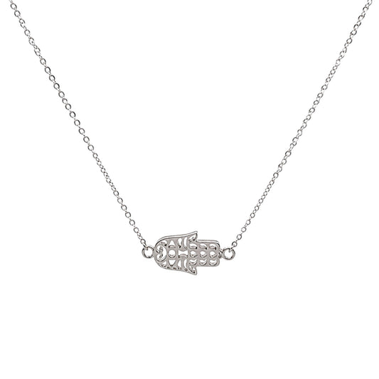 Scandal Kiss white gold plated 925 sterling silver Hamsa pendant necklace with a delicate openwork design.