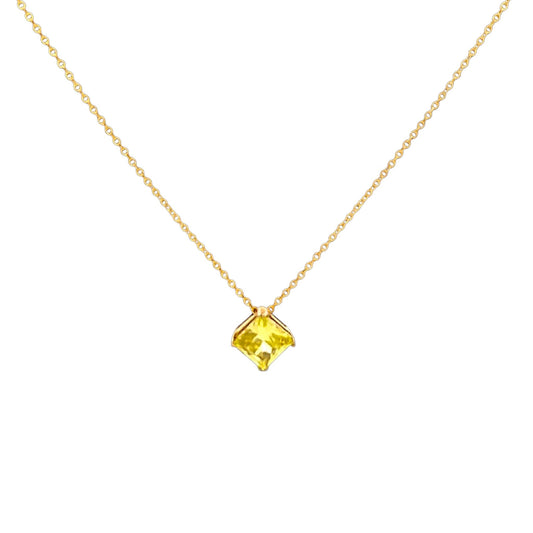 Scandal Kiss lemon quartz solitaire necklace featuring a square-cut yellow gemstone on a delicate gold chain.