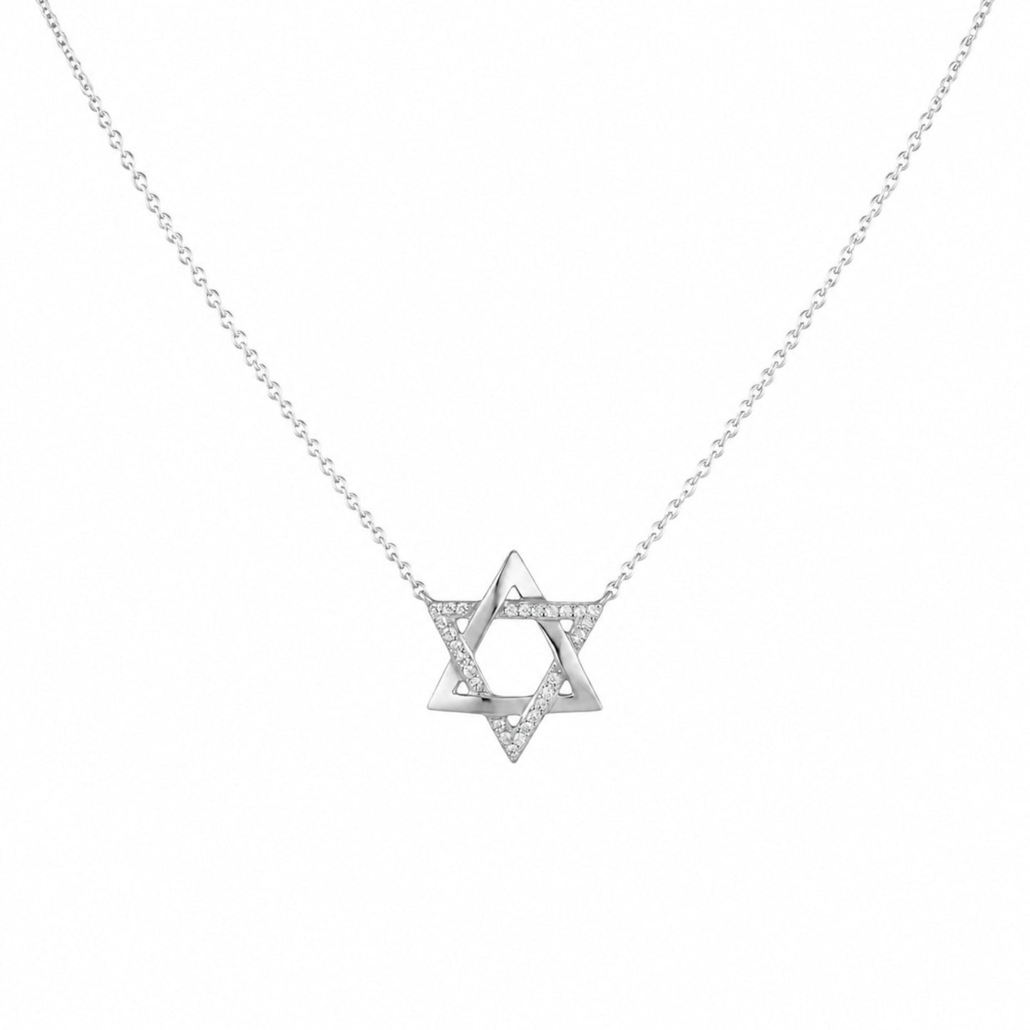 Scandal Kiss Magen David necklace in white gold plated 925 sterling silver with sparkling pavé zirconia stones.