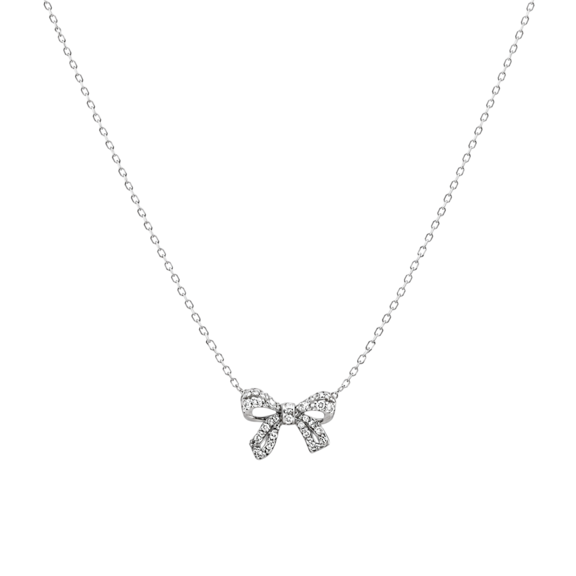 Petite Pavé Bow Necklace in 925 Sterling Silver with Rhodium plating featuring an elegant petite bow adorned with brilliant pavé zirconia
