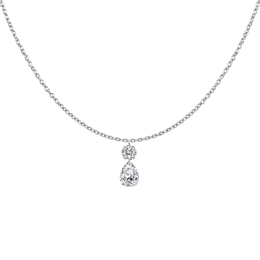 Scandal Kiss rhodium-plated sterling silver necklace featuring a round and pear-shaped zirconia pendant on a chain.