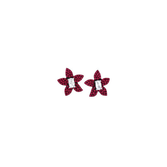 Pink pave flower stud earrings in 925 sterling silver with baguette centre stone