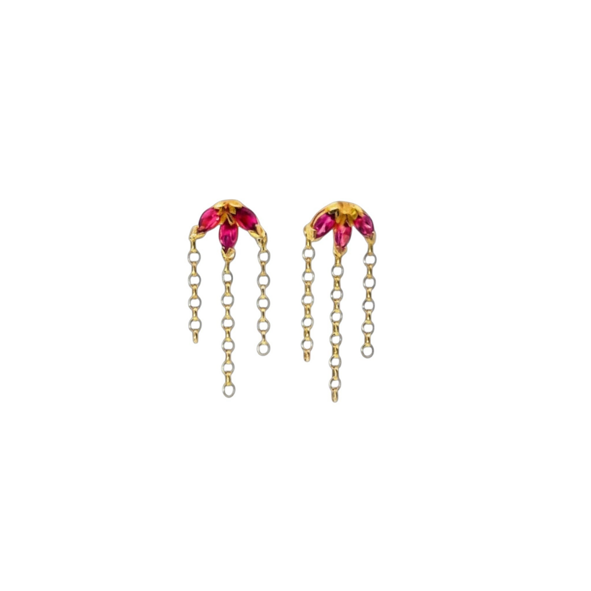 Pink tourmaline chain drop earrings with cascading gold chains in 925 sterling silver with 9ct gold plating