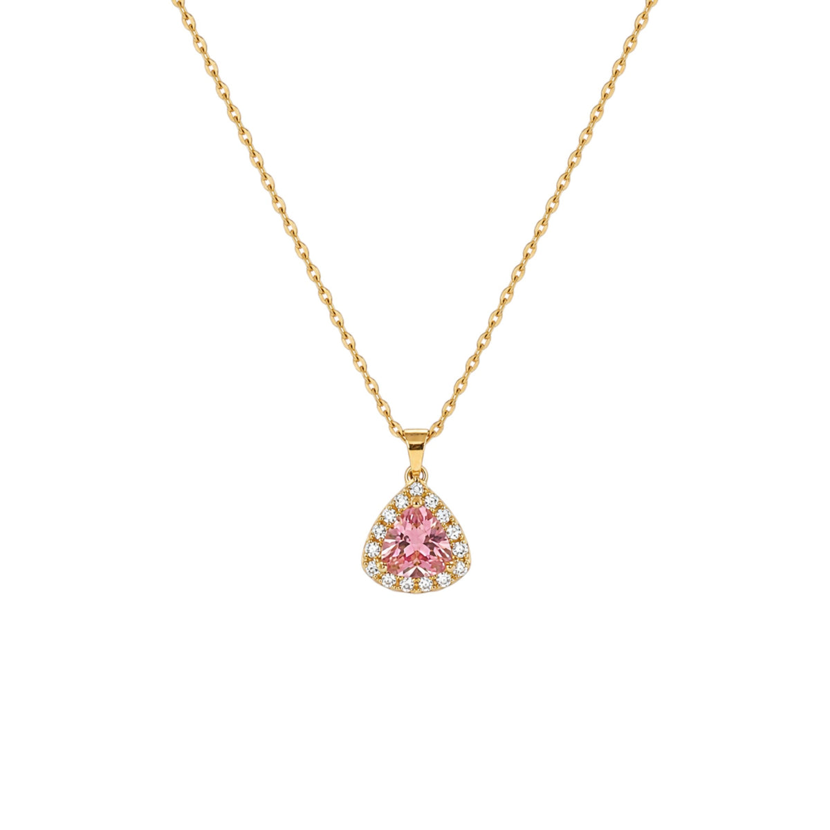 Scandal Kiss gold-plated necklace featuring a triangle-cut pink stone surrounded by shimmering crystal accents