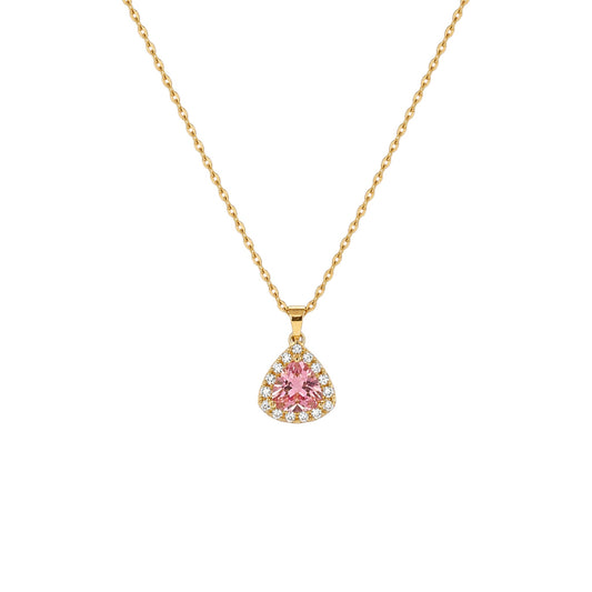 Scandal Kiss gold-plated necklace featuring a triangle-cut pink stone surrounded by shimmering crystal accents