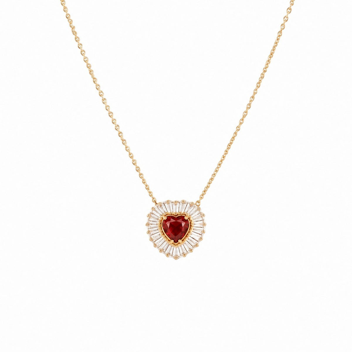 Scandal Kiss Red Heartburst Necklace featuring a heart-shaped red stone with a baguette-cut halo on a gold chain.