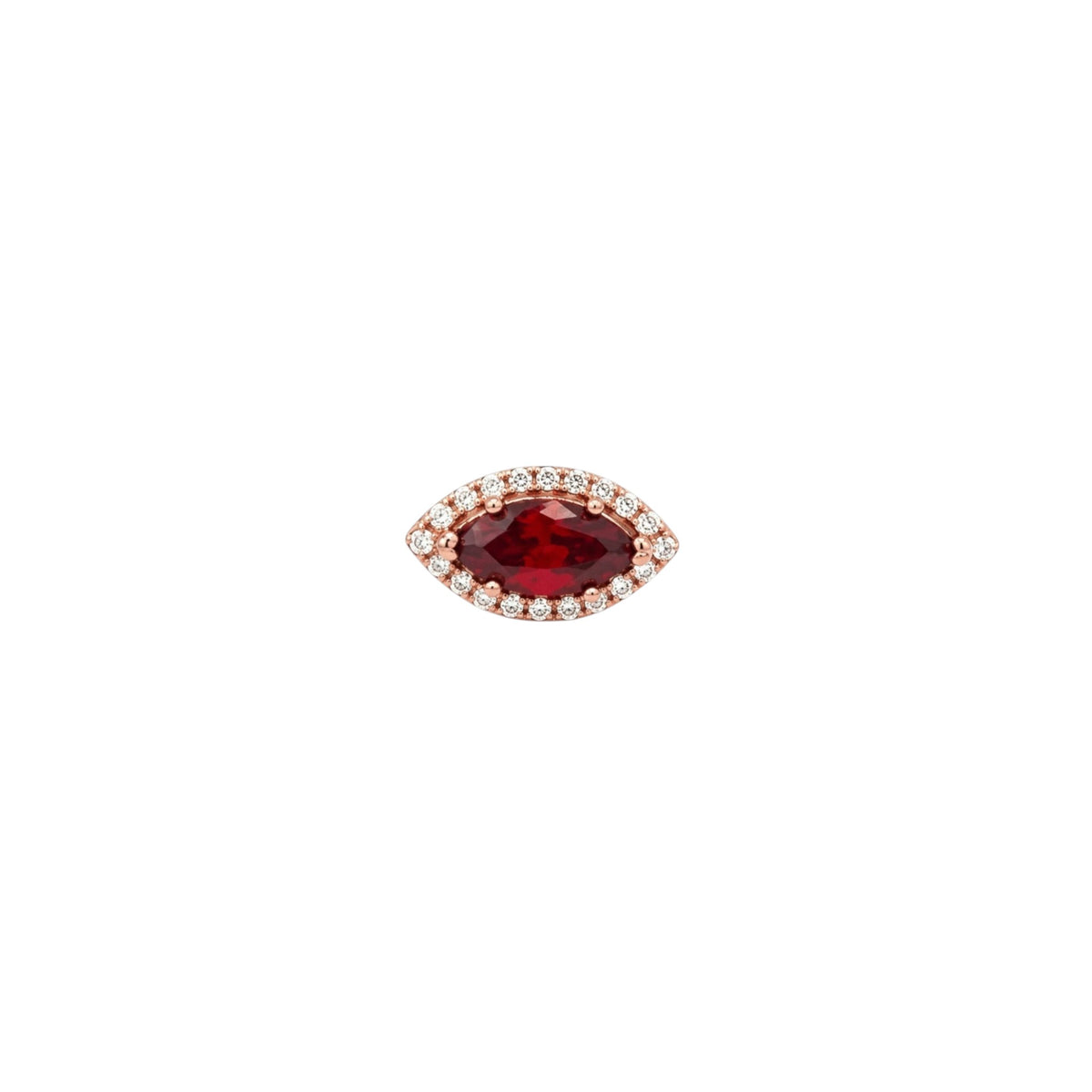 Scandal Kiss Red Halo ScanJewel featuring a deep red marquise-cut stone surrounded by a sparkling zirconia halo.