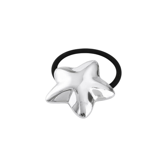 Scandal Kiss Silver Star Hair Tie featuring a polished stainless steel star charm on a sleek black elastic band.