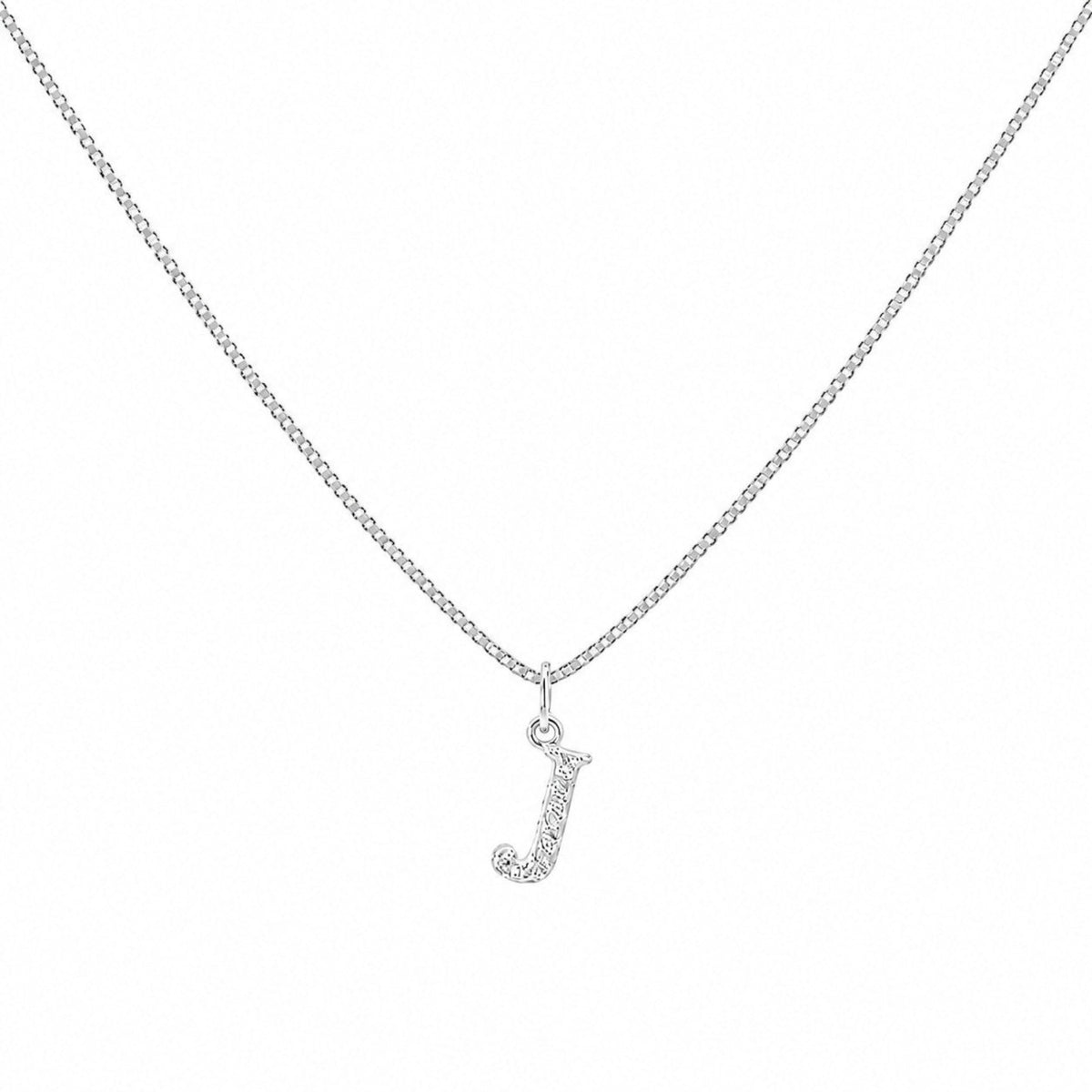 Scandal Kiss sterling silver initial J charm with zirconia stones on a delicate chain necklace