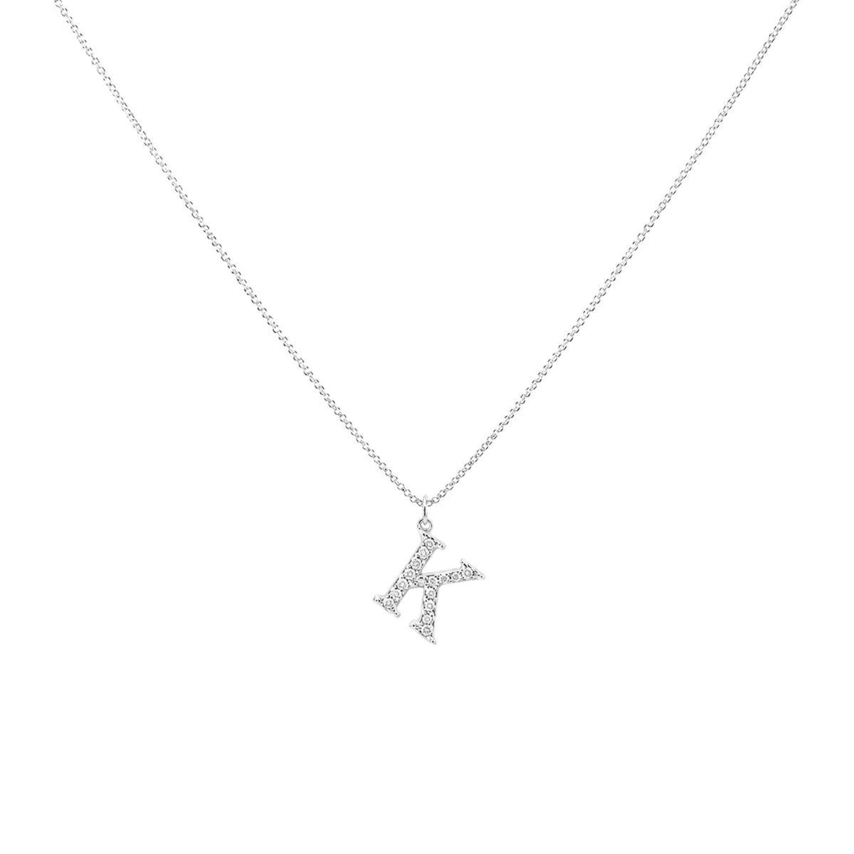 Scandal Kiss sterling silver initial K charm necklace with shimmering zirconia stones on a delicate chain