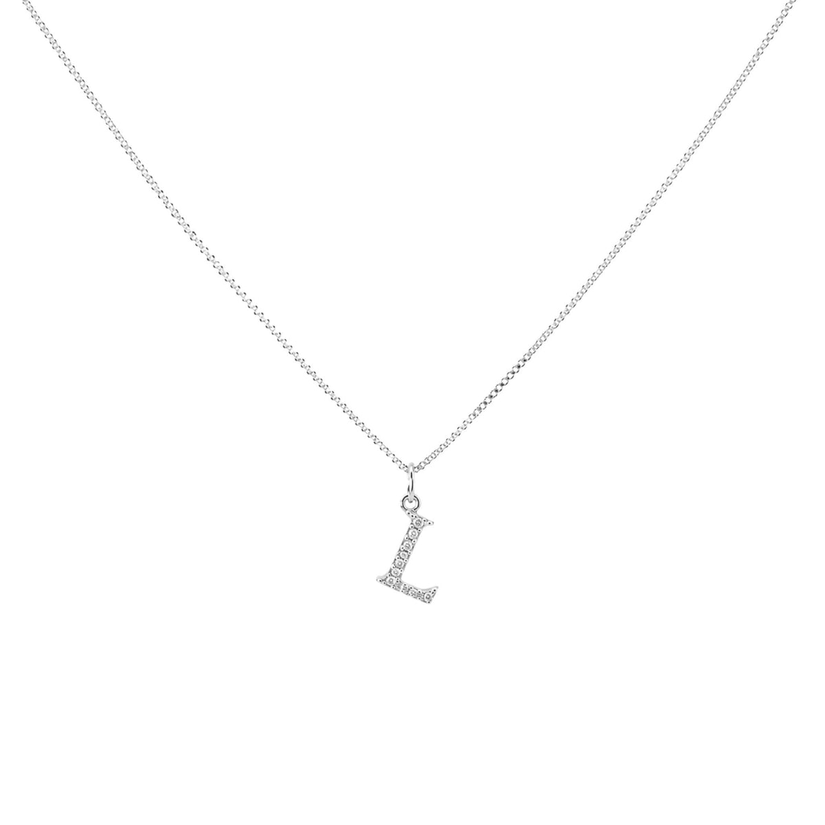 Scandal Kiss sterling silver initial L charm necklace with shimmering zirconia stones on a delicate silver chain