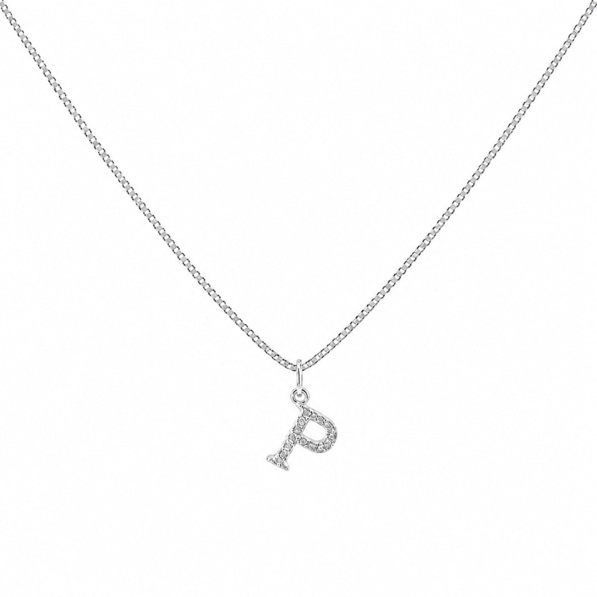 Scandal Kiss sterling silver initial P charm pendant with shimmering zirconia stones on a delicate chain