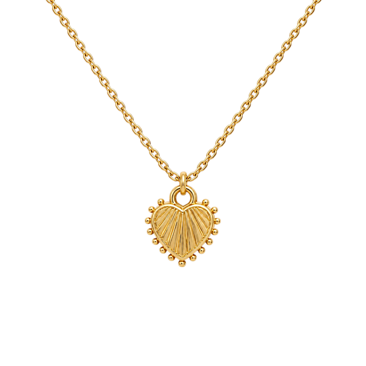 Scandal Kiss gold heart necklace with linear texture and polished beaded edge on a delicate chain.
