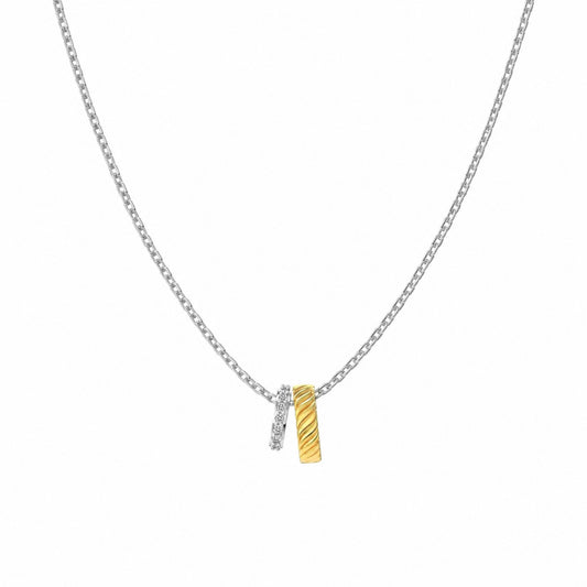 Scandal Kiss two-tone necklace featuring a pavé-set silver circle and a textured gold ring on a delicate silver chain.