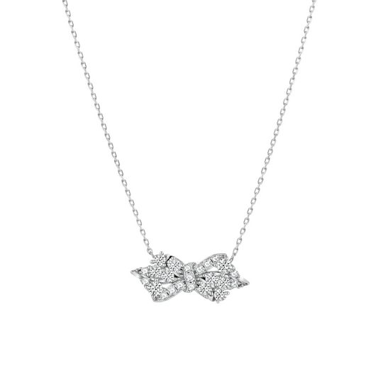 Pavé Bow Necklace in 925 Sterling Silver with White Gold plating featuring an elegant bow adorned with brilliant pavé zirconia