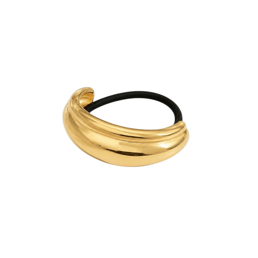 Gold Sculpted Cuff Hair Tie in 18ct Gold plated Stainless Steel with a smooth curved design and black elastic