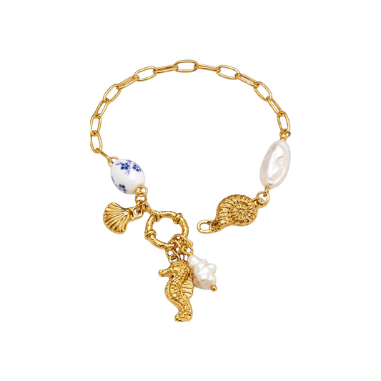 Seahorse Charm Bracelet with shell charms, decorative bead accents and an open-link chain