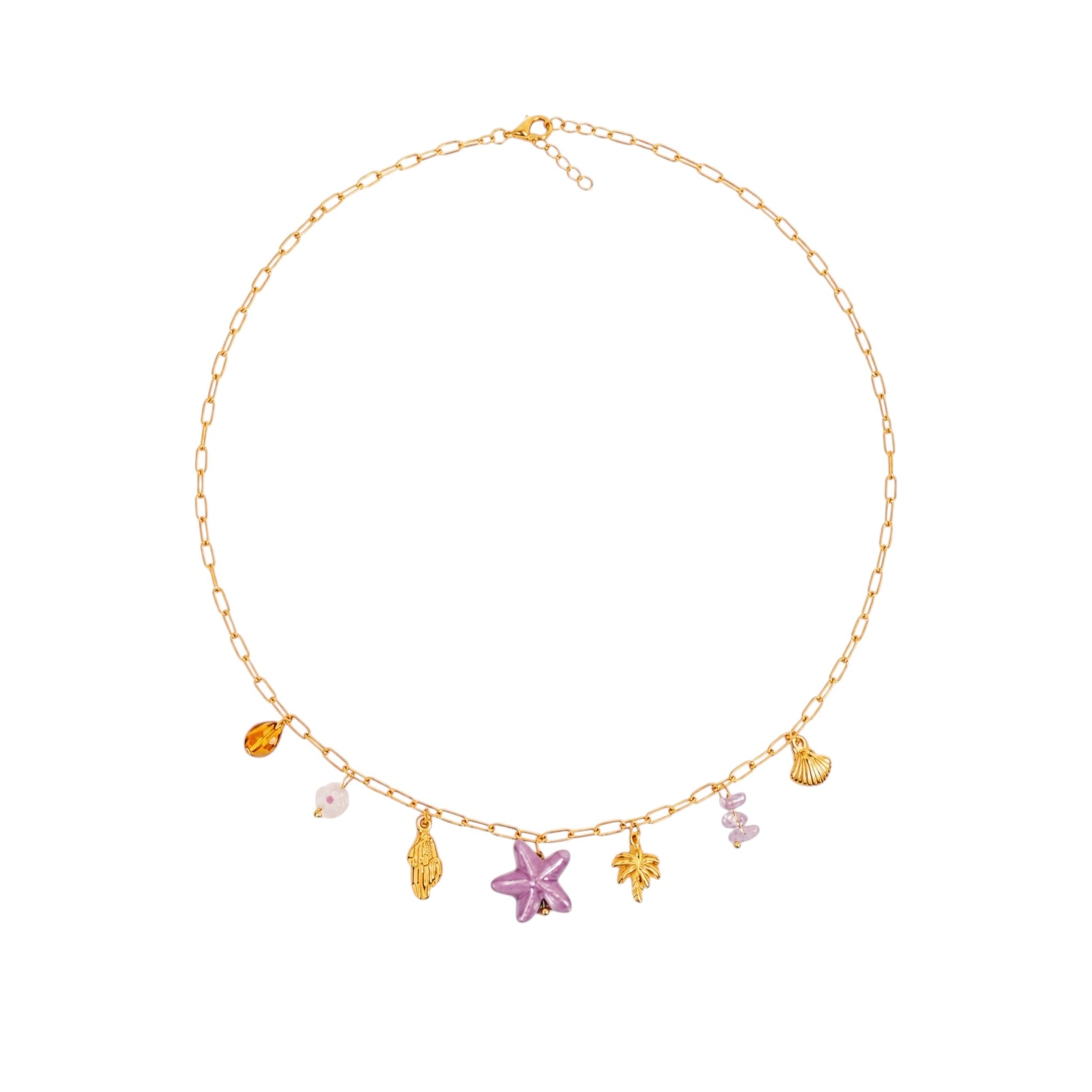 Seaside Charm Necklace with a lilac starfish, shell and palm-inspired details in 18ct gold plated Stainless Steel