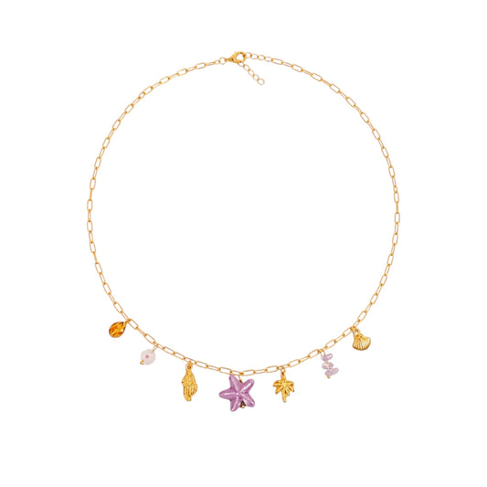 Seaside Charm Necklace with a lilac starfish, shell and palm-inspired details in 18ct gold plated Stainless Steel